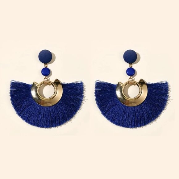 Graceful Garnet Jewelry - NEW Blue Gold Tassel Fringe Drop Fashion Earrings